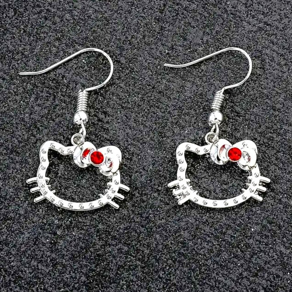 Earrings Hello Kitty Rhinestone Sanrio Red Crystal Dangle Silver Emo Scene Rave